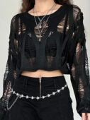 pullover top long Distressed sleeved loose 破洞长袖 宽松上衣