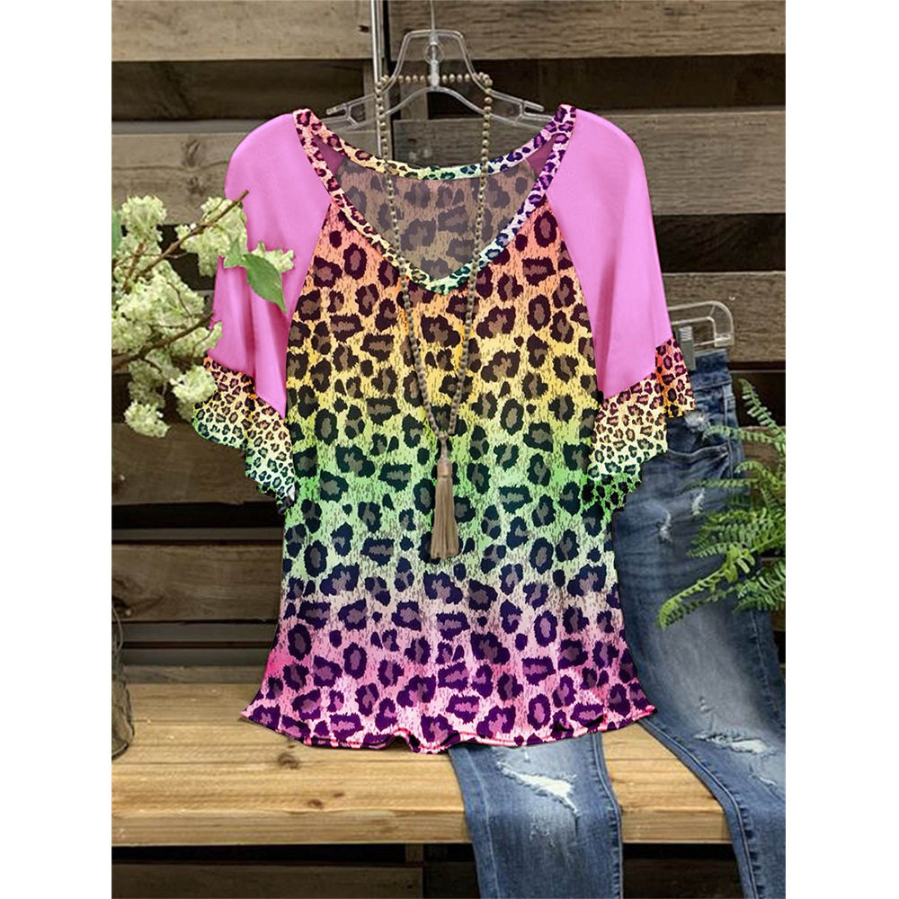 leopard-print V-neck ruffled T-shirt豹纹印花V领荷叶边T恤女士