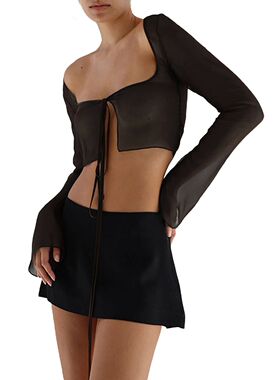 Square neckline mesh strap short top女士方领网纱绑带短款上衣