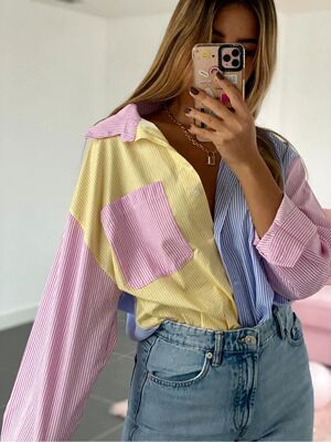 Colored irregular long shirt for women女士条纹拼色不规则衬衫