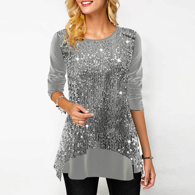 Sequins round neck long sleeve top  亮片圆领长袖套头修身上衣