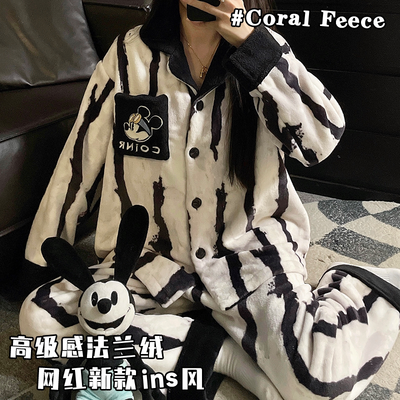 2026新款珊瑚绒睡衣保暖加绒加厚家居服女款秋冬季翻领法兰绒套装