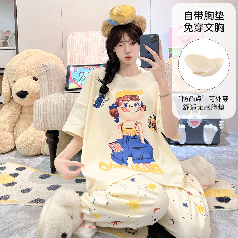 可爱洋气带胸垫卡通ins风睡衣家居服薄款套装女款短袖长裤春秋季