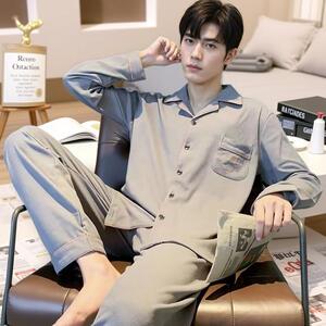 长袖春秋季2025新款睡衣男中年高级感开衫纯棉简约家居服两件套装