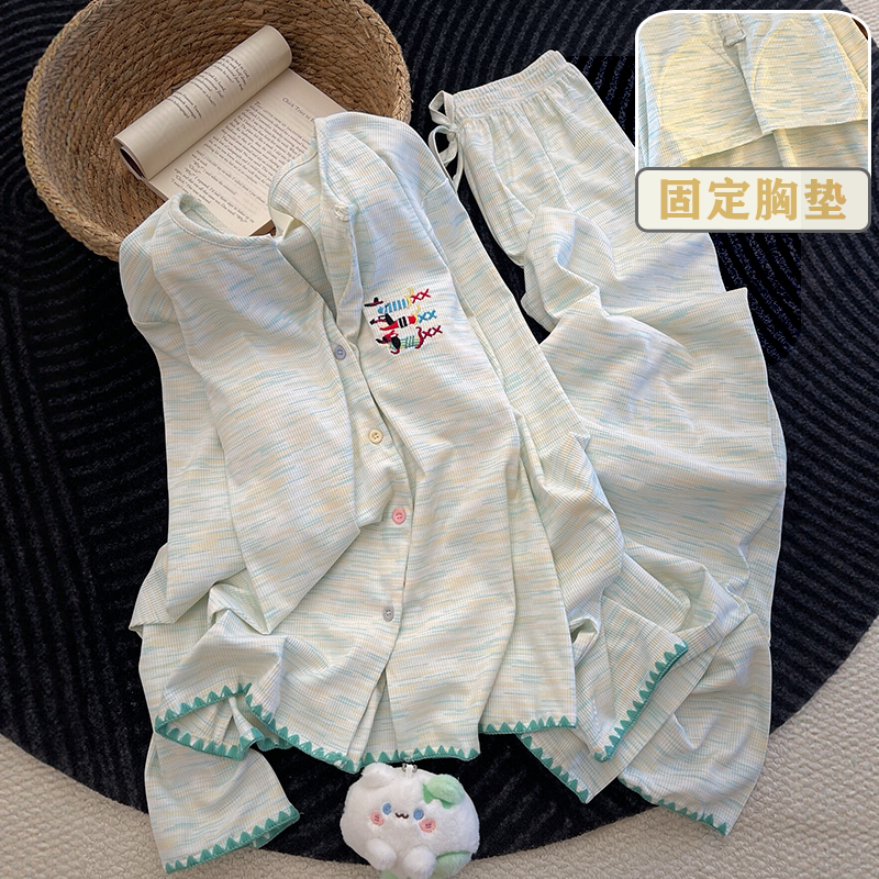 松弛感带胸垫睡衣2026新款长袖女士色织春秋季套装家居服彩条针织