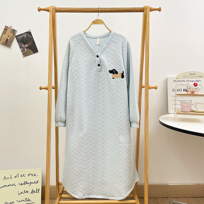 女款秋冬季空气棉中长款睡衣网红纯棉夹层v领时尚加厚家居裙睡裙