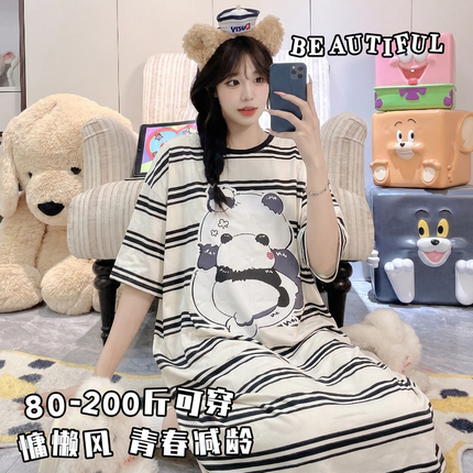 睡裙女夏季薄款卡通大码200斤短袖胖mm家居服睡衣可爱孕妇连衣裙
