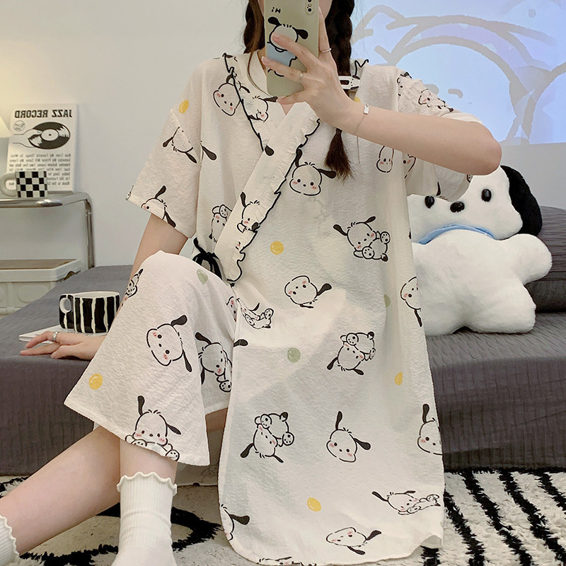 2026新款睡裙夏季短袖女宽松产后棉麻梭织薄款孕妇睡衣过膝长款裙