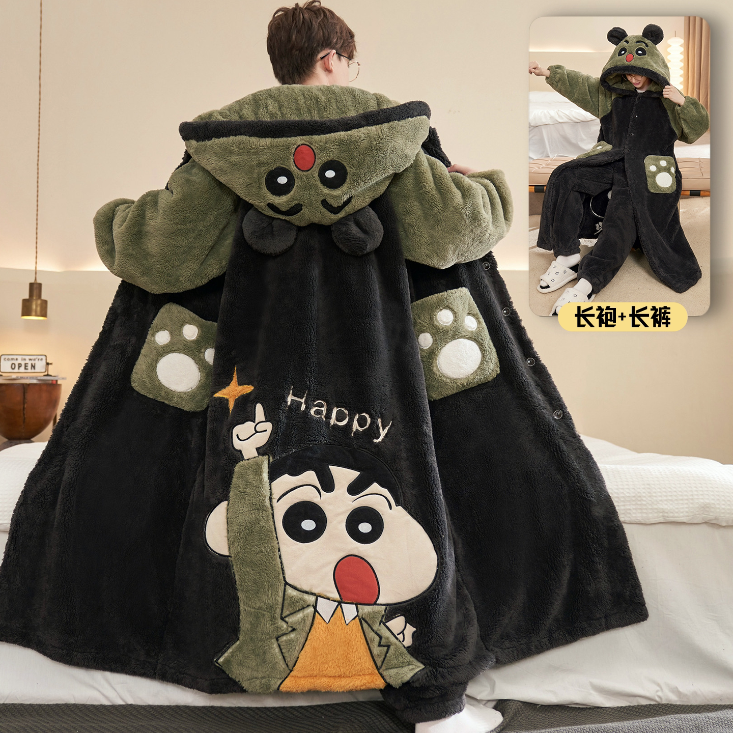 秋冬珊瑚绒男士可爱连帽睡袍套装