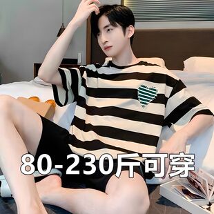 韩版 短袖 家居服薄款 帅气大学生套装 200斤 睡衣春夏季 网红大码 男士