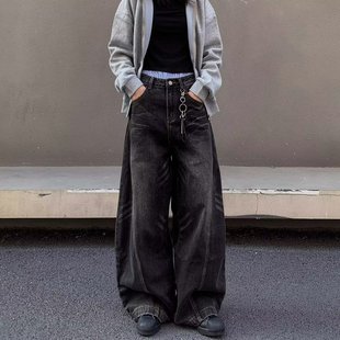 美式复古水洗做旧黑色弯刀牛仔裤男款阔腿宽松潮牌痞帅高级感裤子