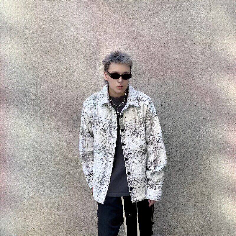 韩系复古粗纺提花格子衬衫男