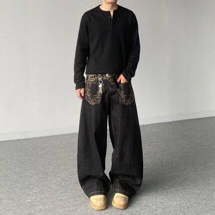 嘻哈vintage欧美高街花卉刺绣牛仔裤男潮牌松弛感宽松直筒长裤