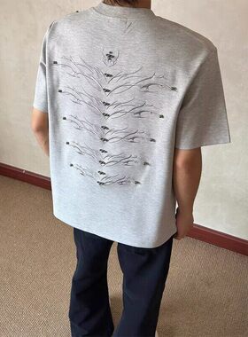 美式设计感小众刺绣柳钉短袖T恤男正肩cleanfit短款半袖上衣夏季