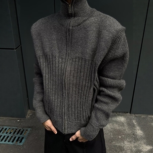 冬季厚款美拉德正肩短款高领双拉链开衫毛衣男女美式潮牌冬季外套