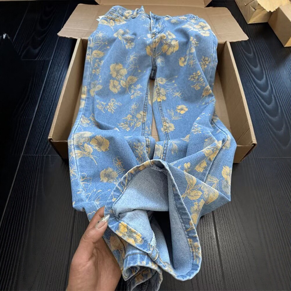 蓝色大码花卉提花牛仔裤男款春秋季cleanfit裤子美式高街微喇长裤