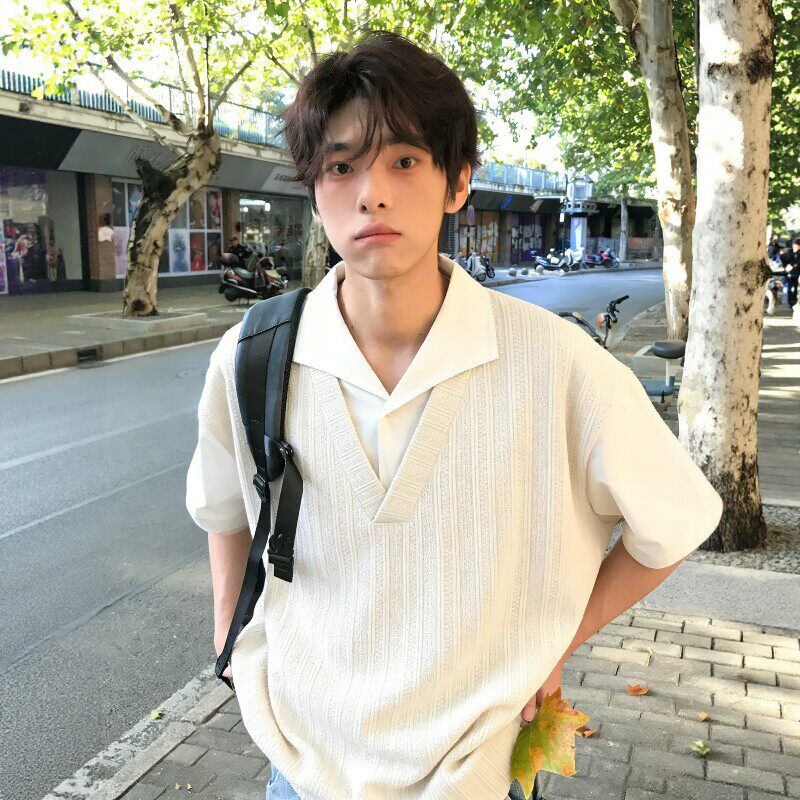 杏色麦穗纹假两件短袖t恤男生