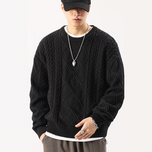 圆领粗针复古毛衣男冬季加厚宽松潮牌大码男士针织衫外套线衣男款