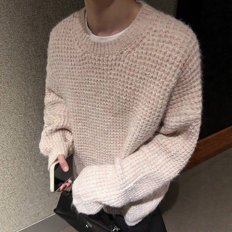 韩系慵懒风粉色圆领毛衣男女秋冬高级感加厚针织衫内搭可外穿打底