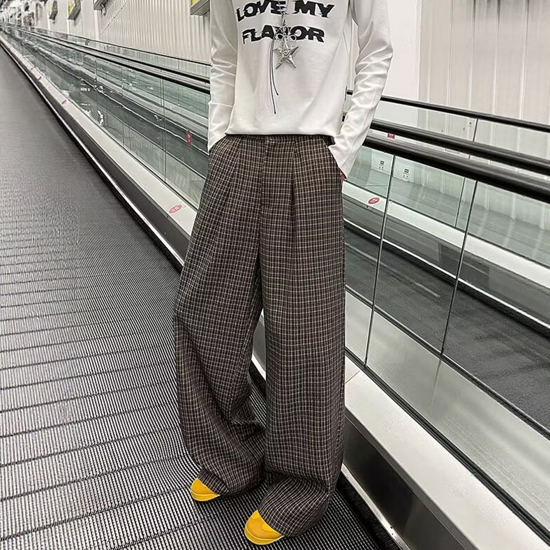 黑色微喇格子裤男女款秋季美式高街慵懒风裤子直筒宽松阔腿休闲裤