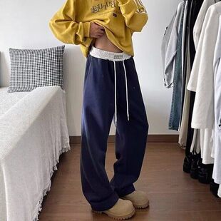 藏蓝色健身弯刀卫裤男款美式重磅显瘦运动镰刀阔腿显腿长拼接裤子