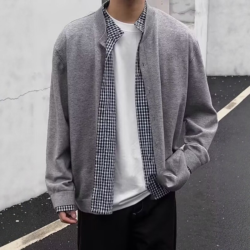 假两件针织毛衣开衫外套男早秋氛围感格子拼接衬衫韩系学院风夹克