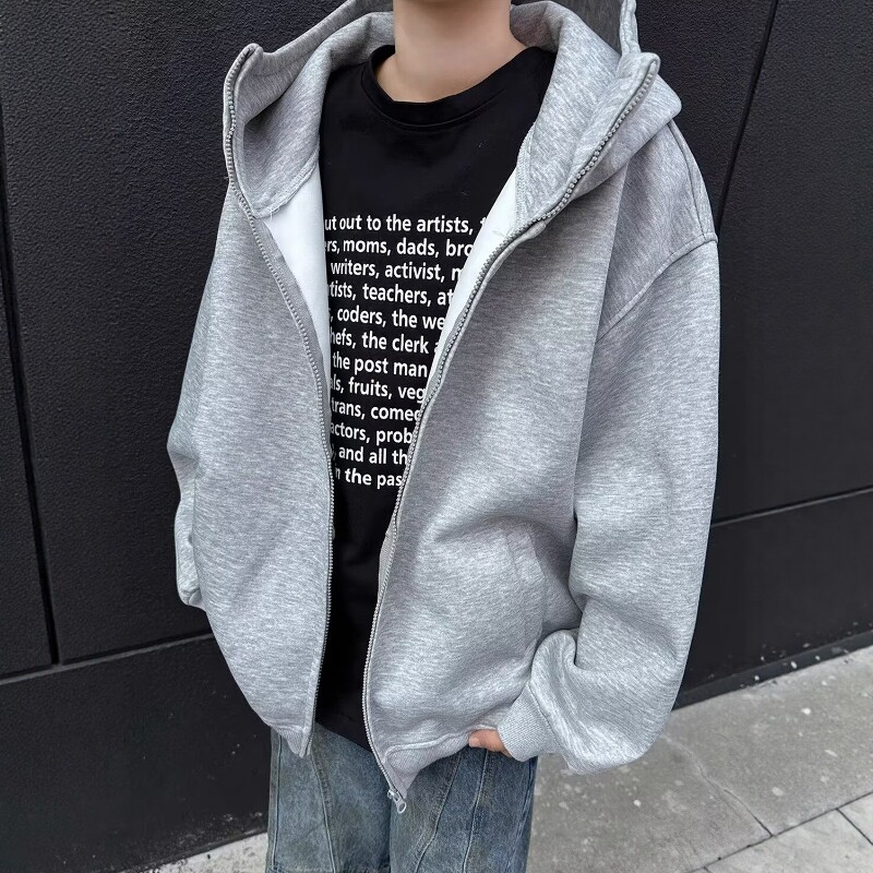 白灰色美式高领连帽卫衣男秋季