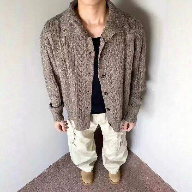 老麻花编织粗棒针咖色男士针织