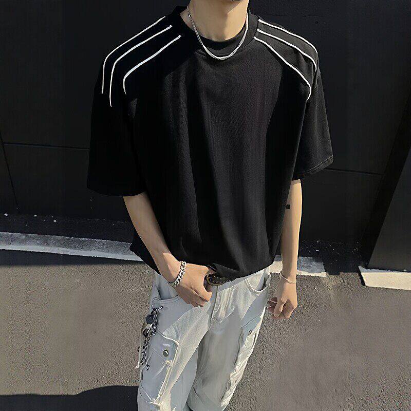 黑色三条杠正肩短袖男夏季高级感痞帅条纹半袖t恤美式重磅五分袖