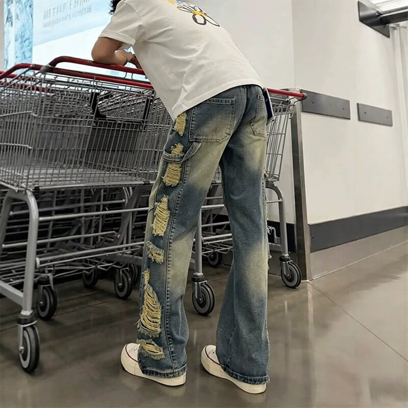 复古蓝破洞牛仔裤男款夏季高街