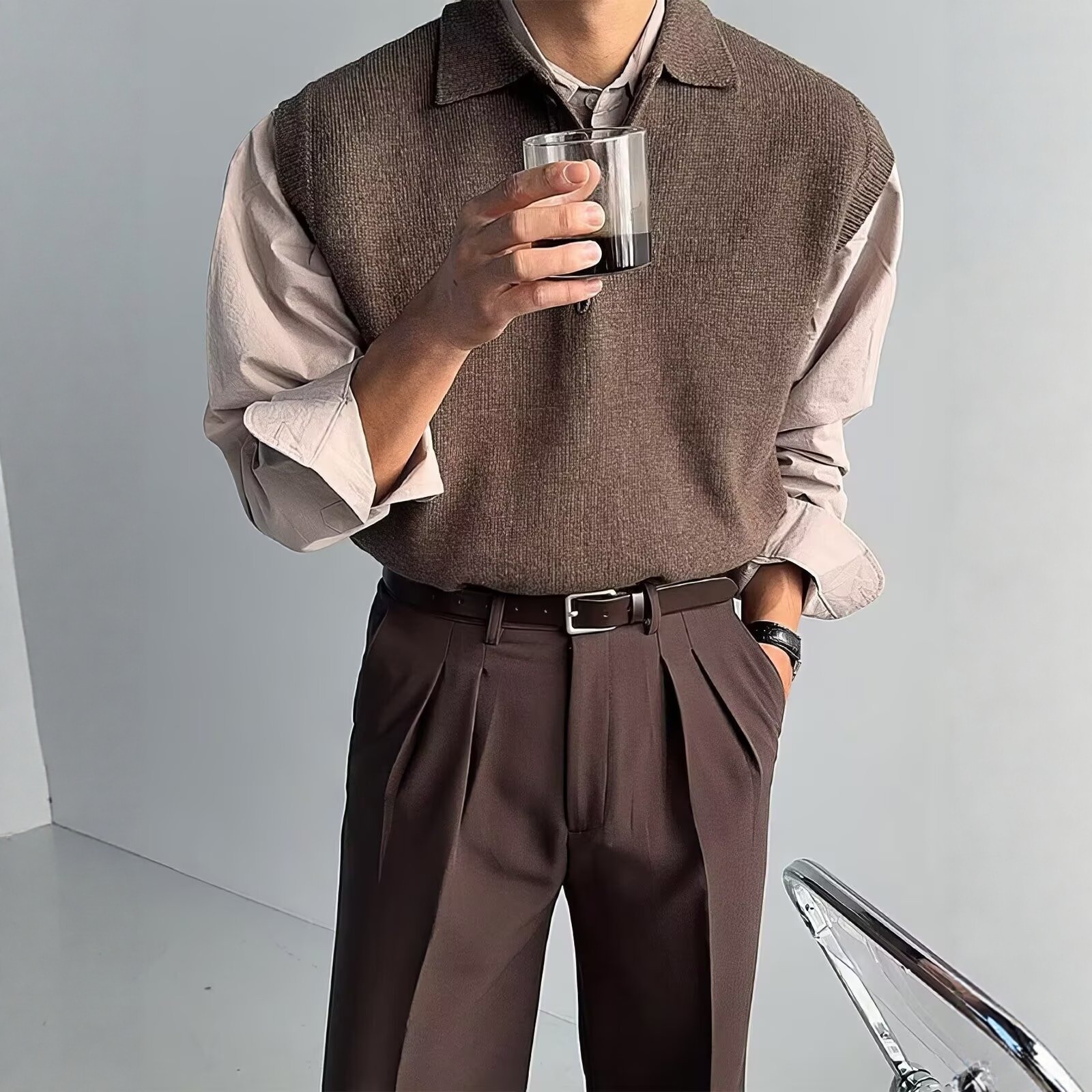 深棕色polo领针织衫背心马甲男士春秋美拉德复古休闲坎肩无袖毛衣