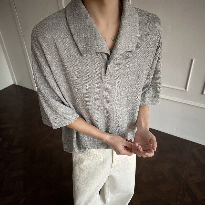 肌理条纹海鸥领短袖POLO衫男加肥