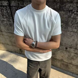 浅灰色拼接正肩短袖男款夏美式小领口半截袖cleanfit重磅纯棉T恤