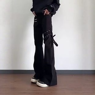 黑色绑带微喇牛仔裤男春秋季美式高街vibe显瘦修身设计感直筒裤子