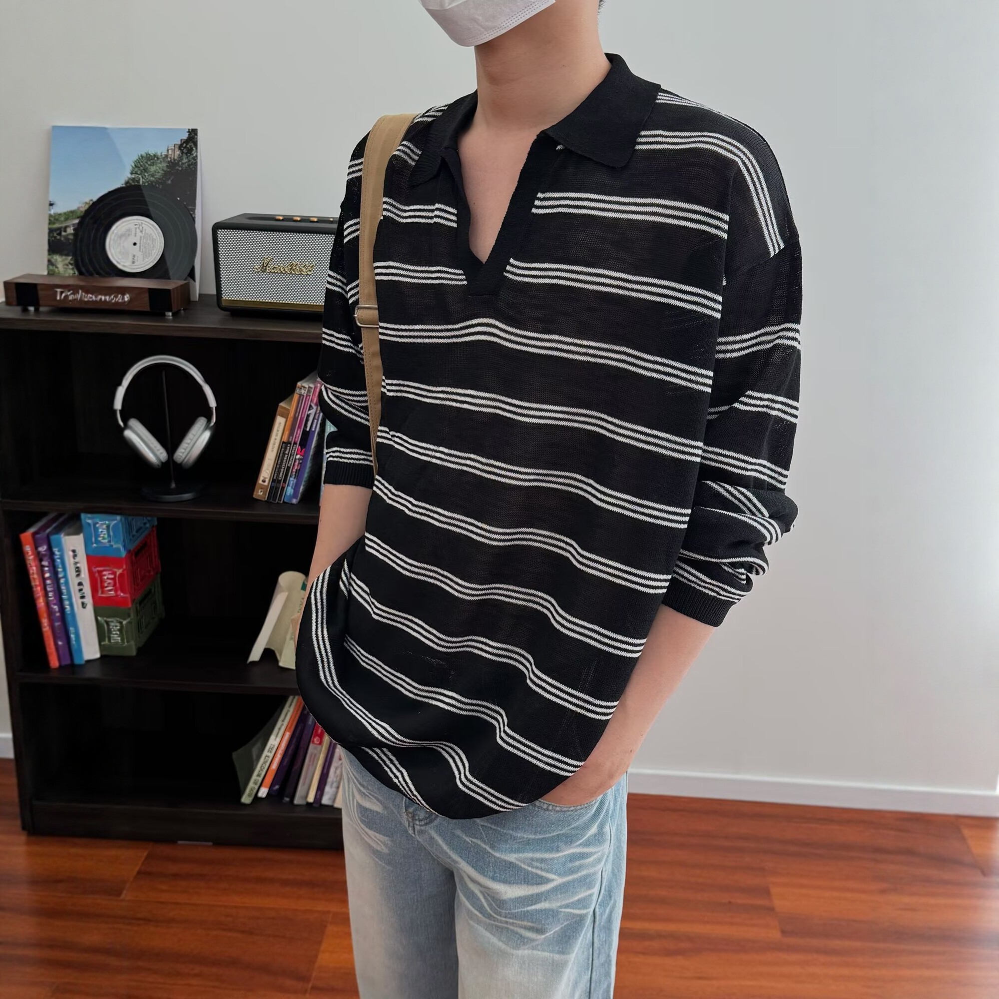 V领条纹Polo衫长袖t恤男生夏季轻薄透气冰丝防晒罩衫薄款针织上衣