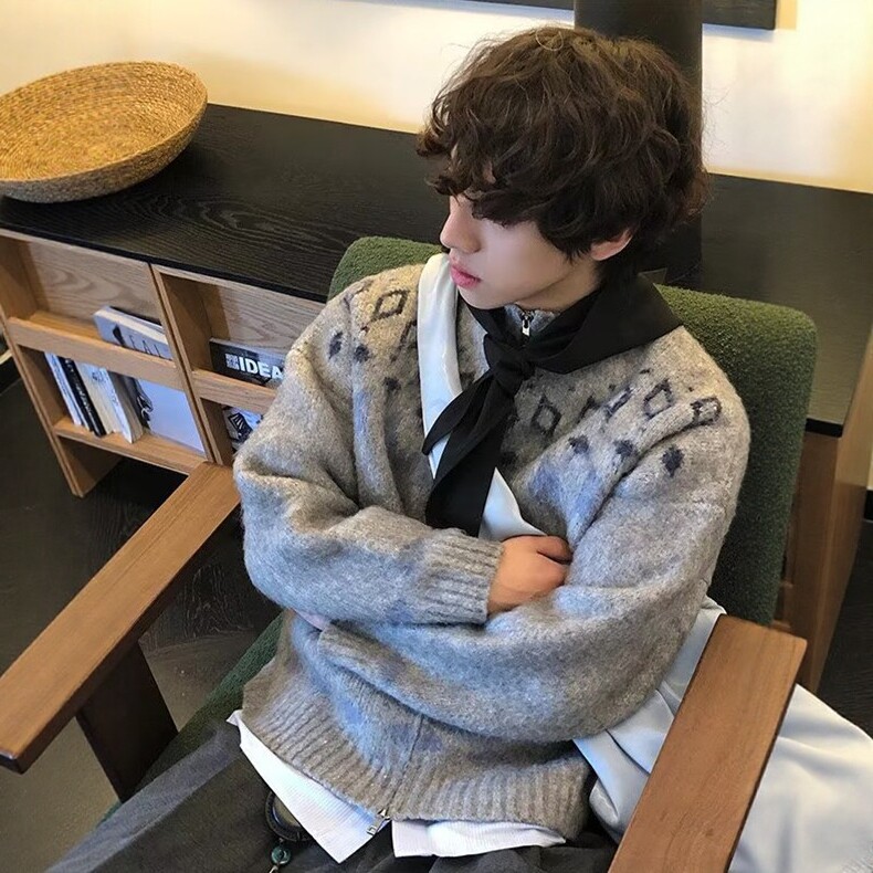 美式灰色拉链针织开衫男秋冬季北欧费尔岛提花高级感百搭毛衣外套