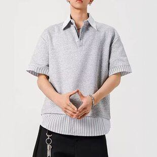 美式假两件条纹衬衫拼接短袖t恤男女夏季宽松复古港风polo领上衣