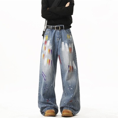 复古vibe牛仔裤男款春秋泼墨涂鸦