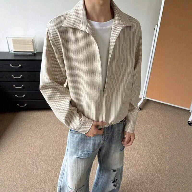 老钱风假两件条纹长袖衬衫男秋季