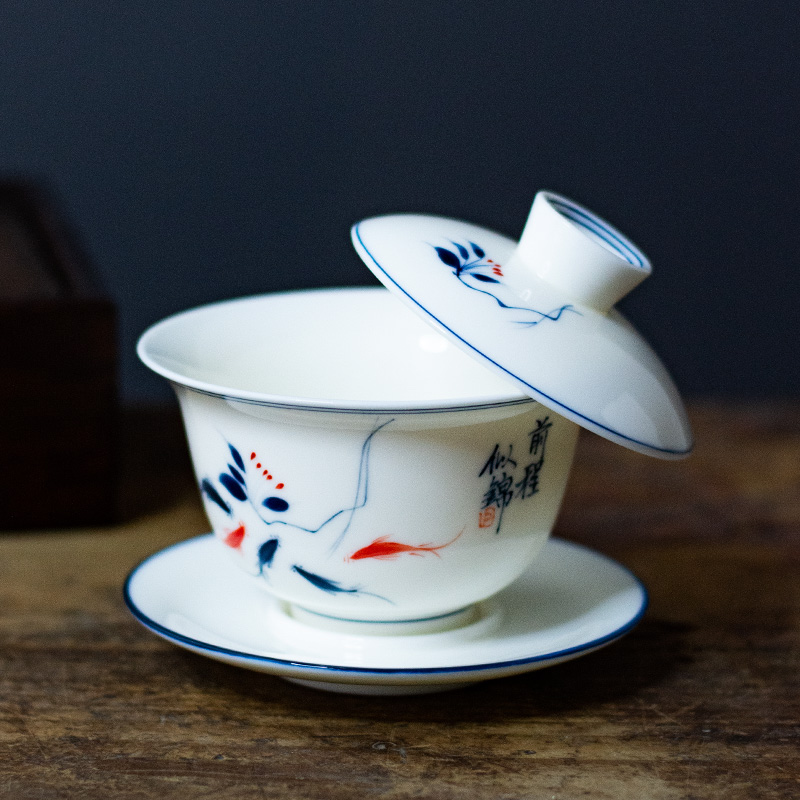 手绘三才盖碗白瓷悬停茶碗陶瓷茶具茶杯单个家用大号泡茶器泡茶器 餐饮具 盖碗 原图主图