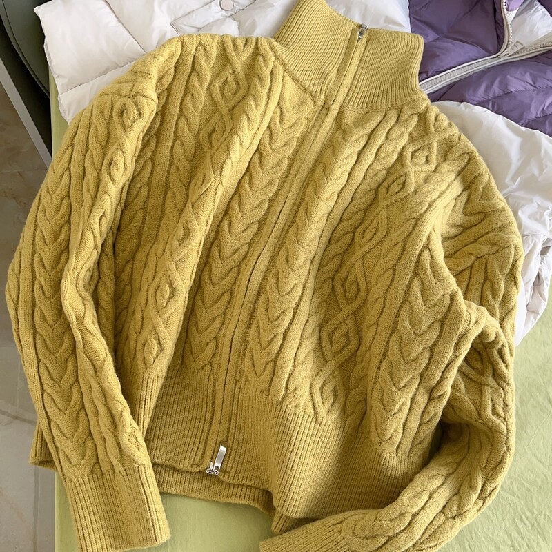 双拉链毛衣外套女冬季韩版宽松显瘦翻领加厚麻花甜美针织上衣