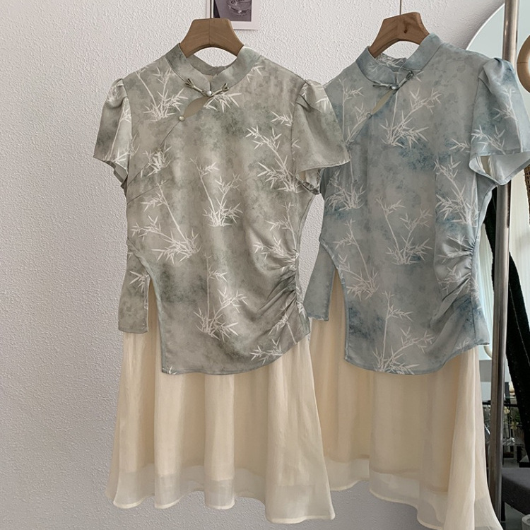 新中式连衣裙女夏季实拍图立领盘扣褶皱收腰假两件改版旗袍裙子