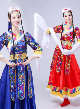 藏族服装女演出服民族风西藏装长袖成人短袖舞蹈表演套装水袖卓玛