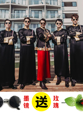 小包总同款结婚中式伴郎服兄弟团礼服马褂中国风复古婚礼相声大褂
