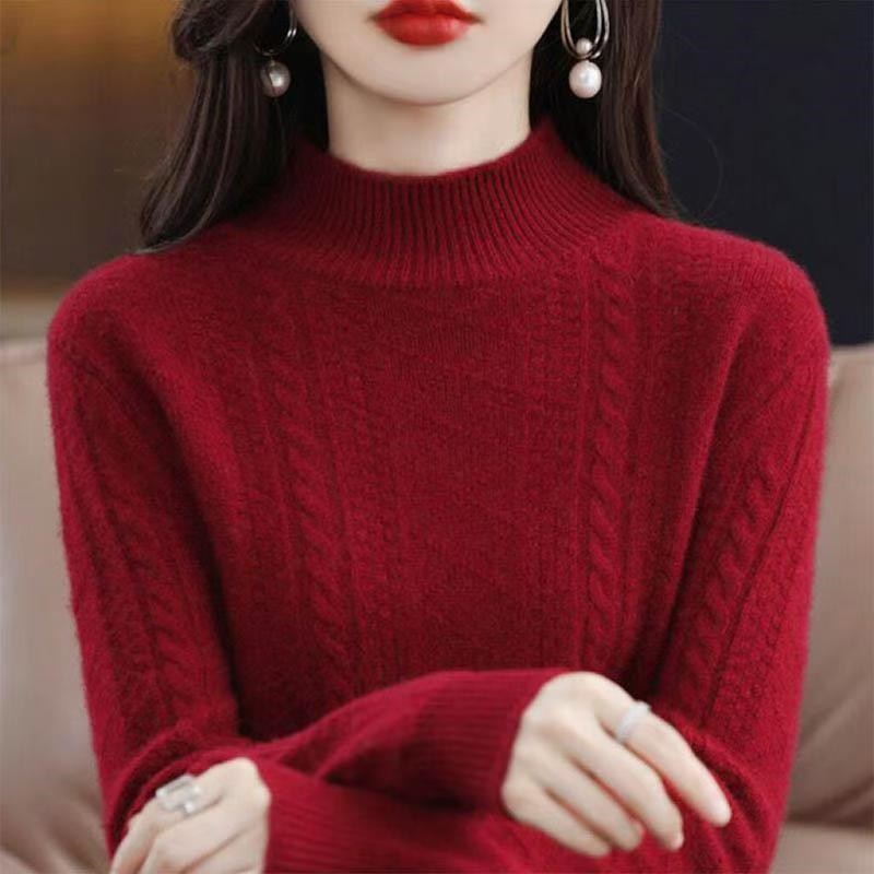 半高领红色扭花加厚保暖针织衫毛衣女秋冬韩版宽松提花百搭打底衫
