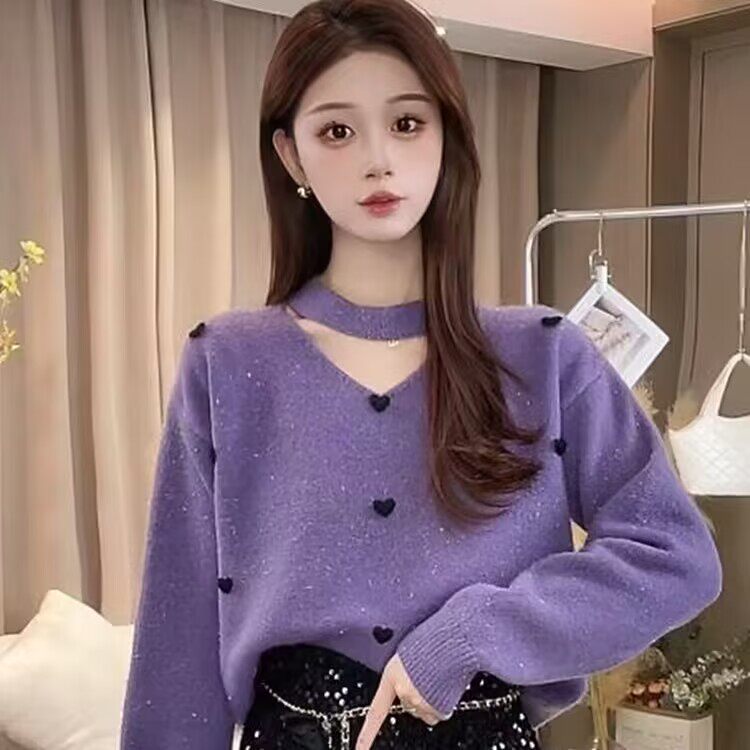 设计感韩版爱心V领挂脖亮丝针织毛衣女秋冬紫色宽松减龄洋气上衣