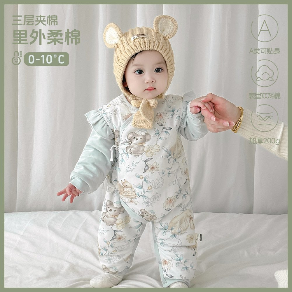 0-9月新生儿棉服秋冬200g夹棉连体衣纯棉a类系带宝宝衣服婴童装
