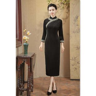 老上海复古国风中老年女士矮个子旗袍2025冬新款妈妈装七分袖旗袍