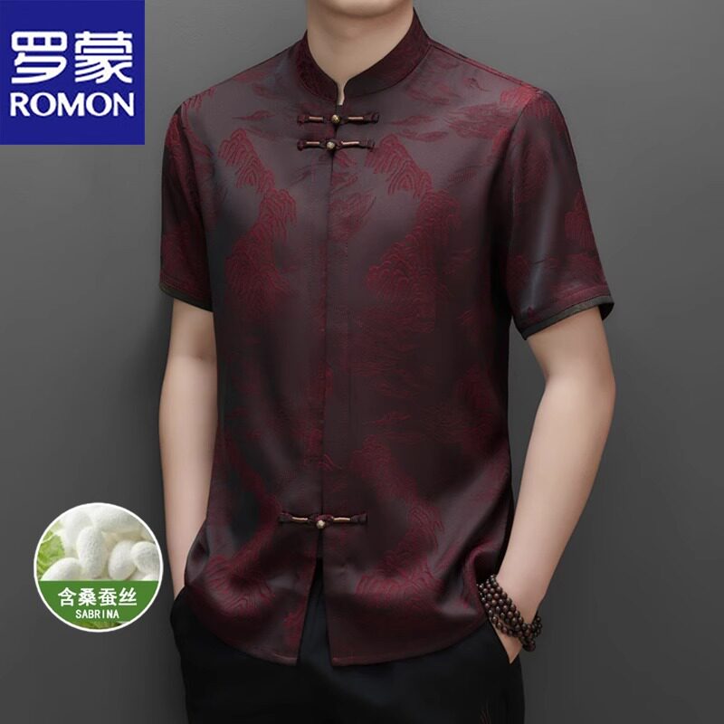 罗蒙复古轻奢唐装男士含桑蚕丝短袖衬衫夏季中国风中式薄款衬衣男