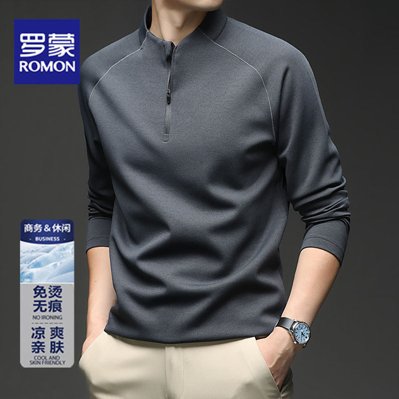 罗蒙夏季男士长袖T恤衫纯色立领户外运动半拉链插肩长袖日常休闲